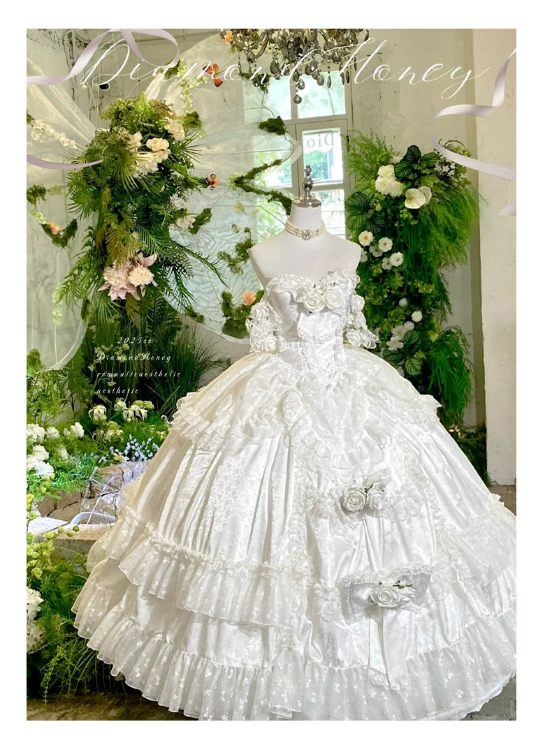 Diamond Honey - Love and Roses - Princess Bridal Wedding Lolita Dress With Rose Detail and Tiered Skirt