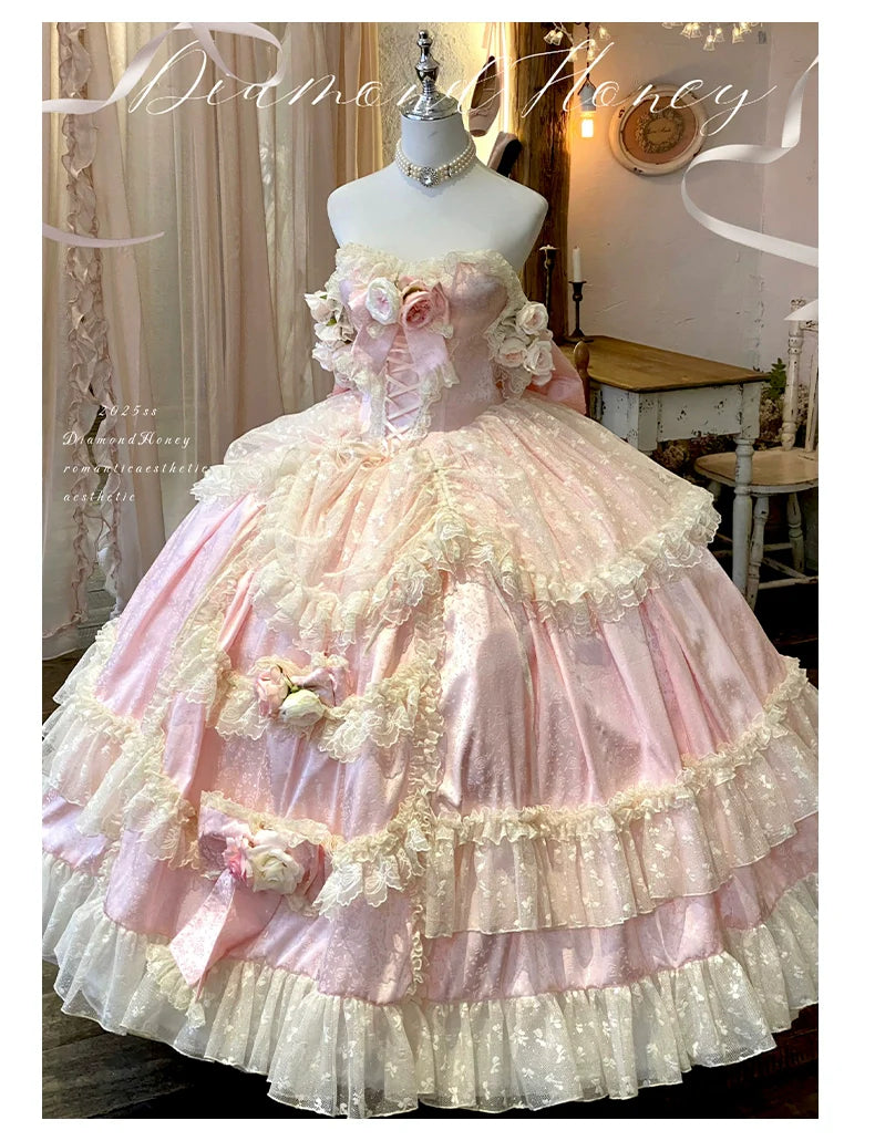 Diamond Honey - Love and Roses - Princess Bridal Wedding Lolita Dress With Rose Detail and Tiered Skirt