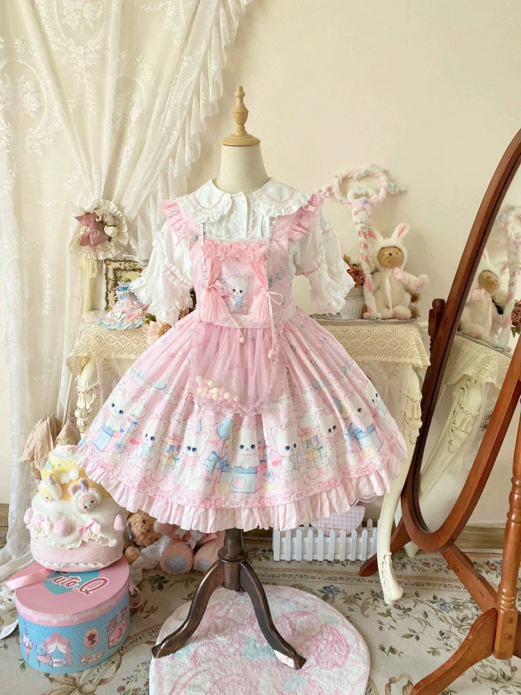 Suiyi - Meow Pompom - Sweet Lolita Salopette Dress Suit, Cat Print
