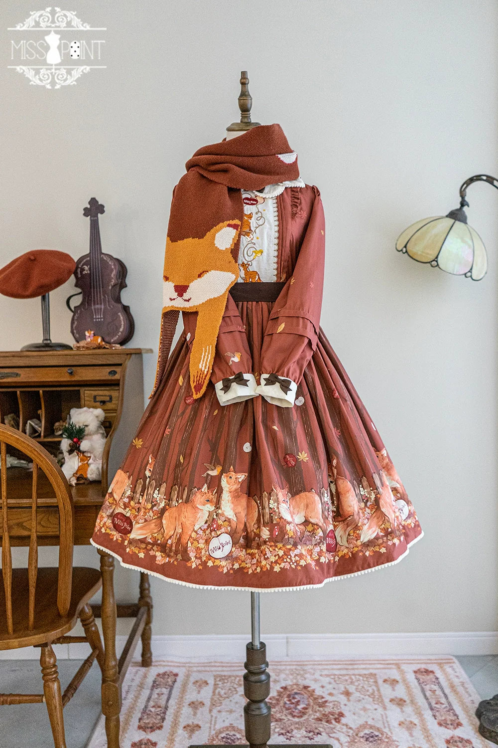 Miss Point - Chubby Fox in the Forest - Kawaii Lolita Accessories Knitted Fox Scarf Embroidered Faux Collar