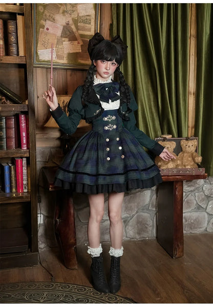 With PUJI - Berlin Souvenir - Plaid Preppy Style Lolita Bust Supporting JSK Outfit