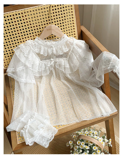 With PUJI - Letters and Poems - Summer Classic Lolita Shirt with Dotted Tulle and Long Sleeve