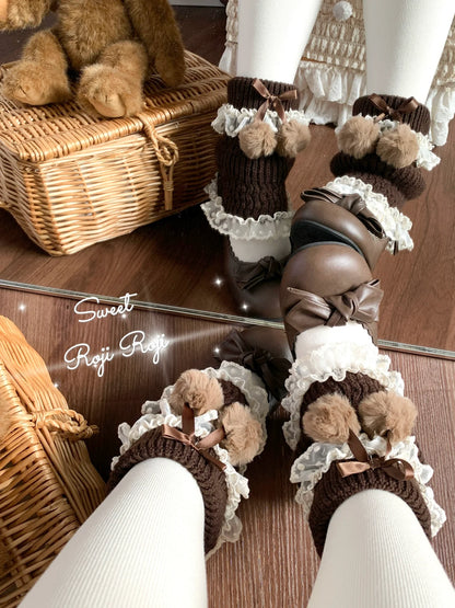 Roji Roji - Kawaii Lolita Wool Leg Warmers, Pom-Pom Accented Bow