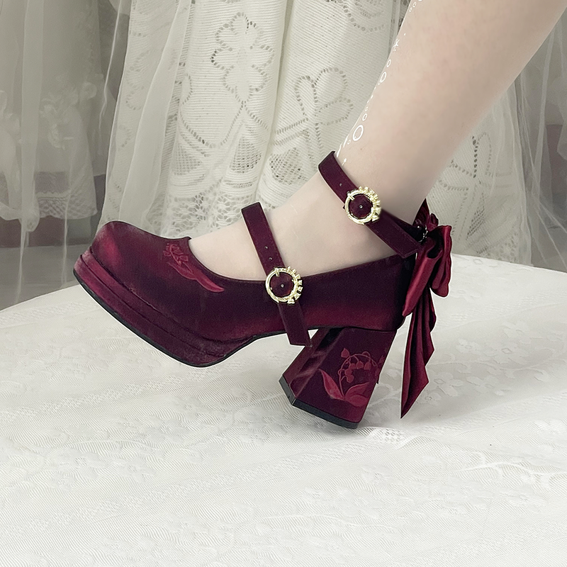 Dreamland - Dreamlike Lily of the Valley - Classic Lolita Platform Shoes with Back Large Bow