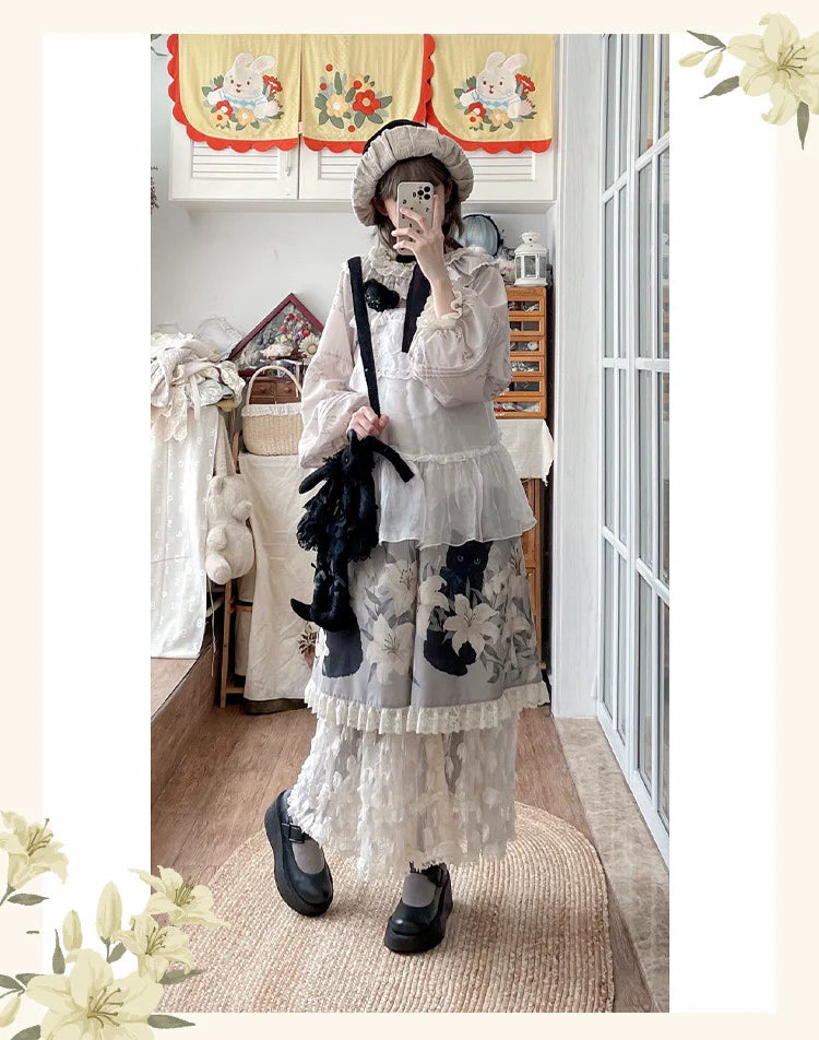 Akiyama Future Studio - Black Cat and Lily - Loose Kawaii Lolita OP Dress with Vest and Hat