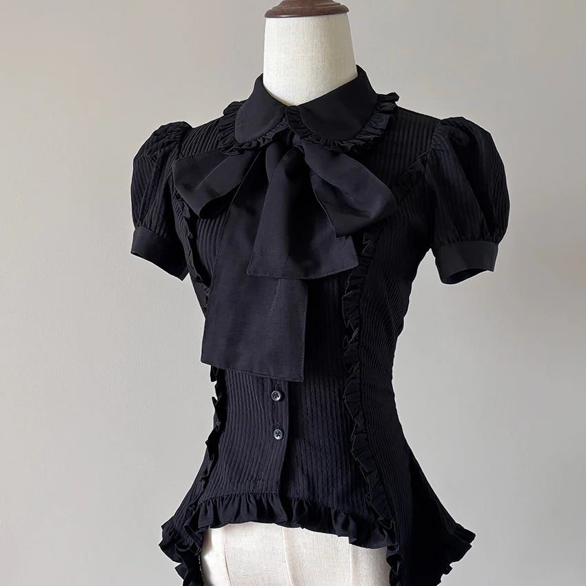 FlowerFairyDaily - Lilith - Gothic Lolita Short Sleeve Shirt, Detachable Tie