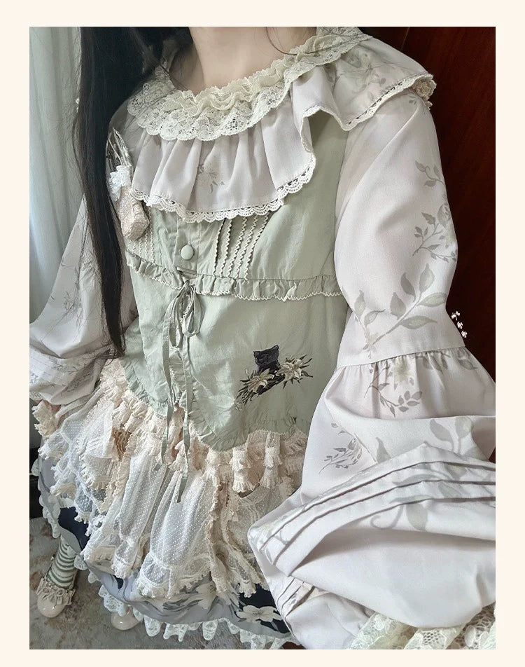 Akiyama Future Studio - Black Cat and Lily - Loose Kawaii Lolita OP Dress with Vest and Hat