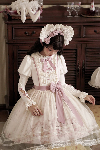 Half Sweet Lolita - Doll Garden - Sweet Lolita JSK Dress Cat Print Pink Dress Set