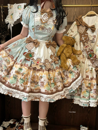 Babyblue - Little Bear Honey Jar - Kawaii Lolita Short Sleeve OP Gingerbread Man Embroidered Dress