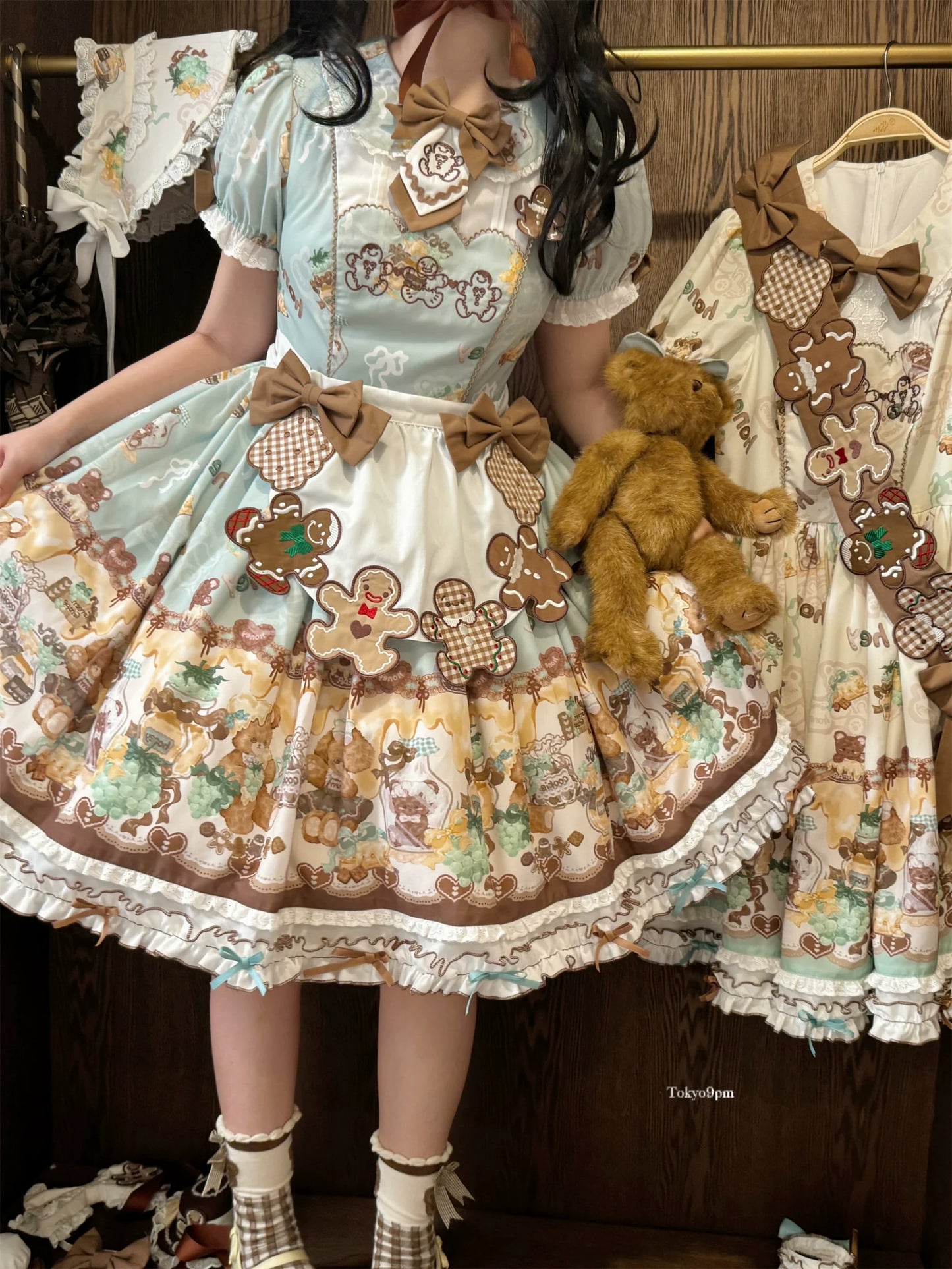 Babyblue - Little Bear Honey Jar - Kawaii Lolita Short Sleeve OP Gingerbread Man Embroidered Dress