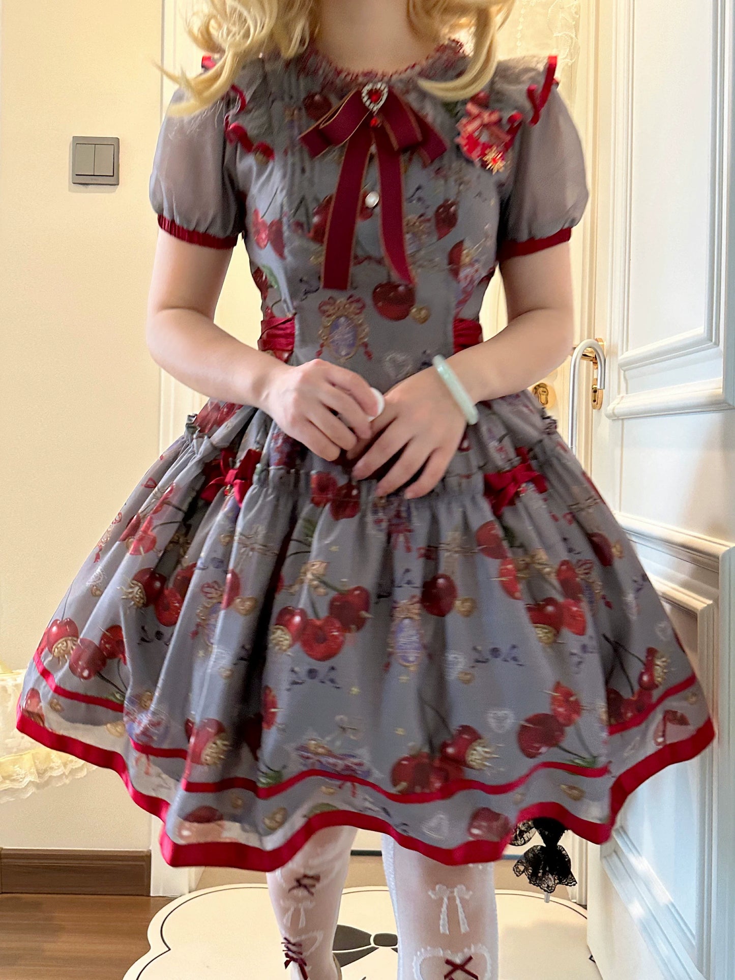 Gloaming - Sweet Lolita Cherry print Short Sleeve OP and SK Set