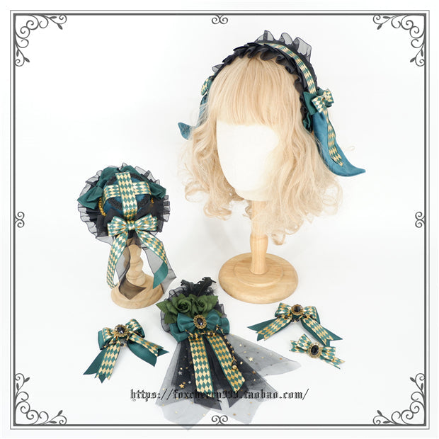 Fox Cherry - Green Lattice Rabbit Ear Bow Lolita Hat Headdress