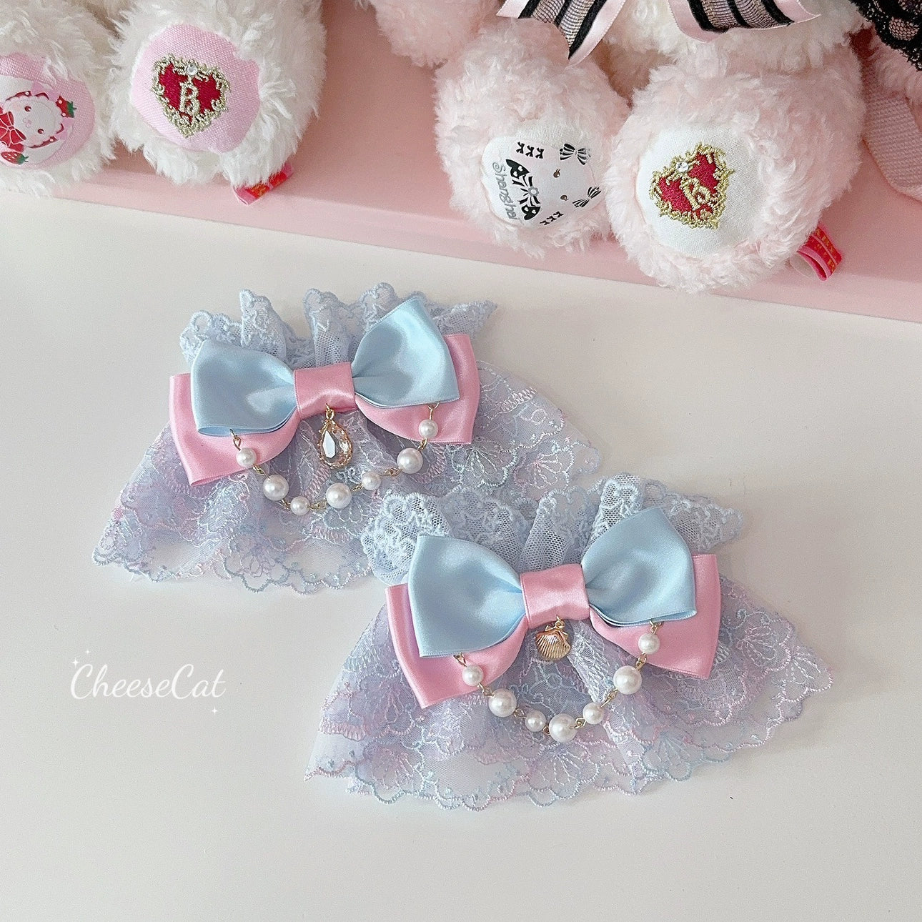 CheeseCat - Sweet Lolita Lace Cuffs Seashell Embroidery Ribbon Bow