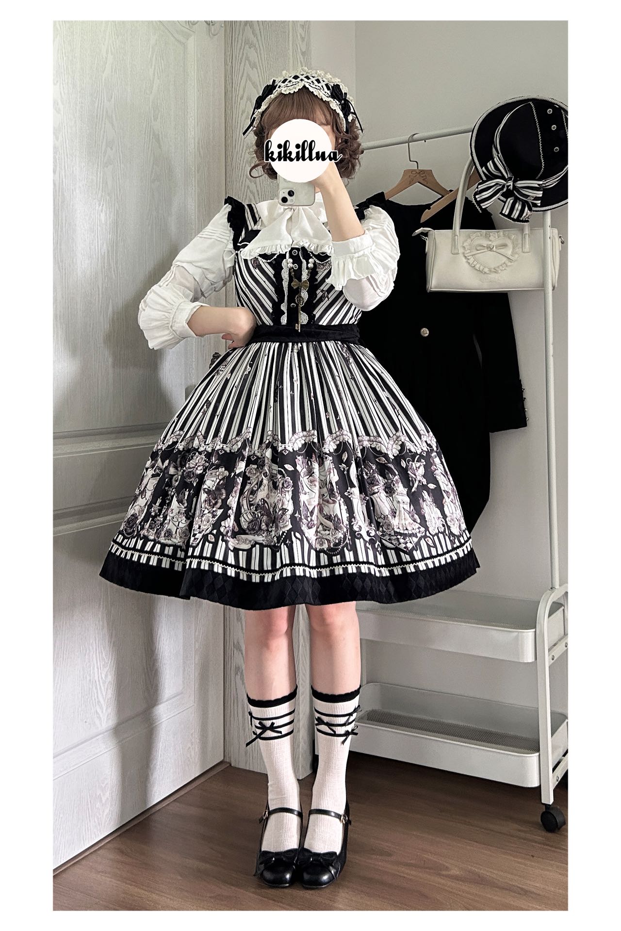 Little Bear - Gothic Lolita Black and White Striped JSK Set