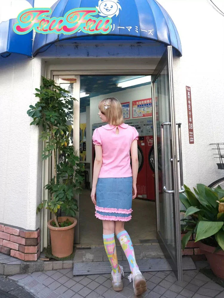 Pink check print denim skirt【s0000007732】