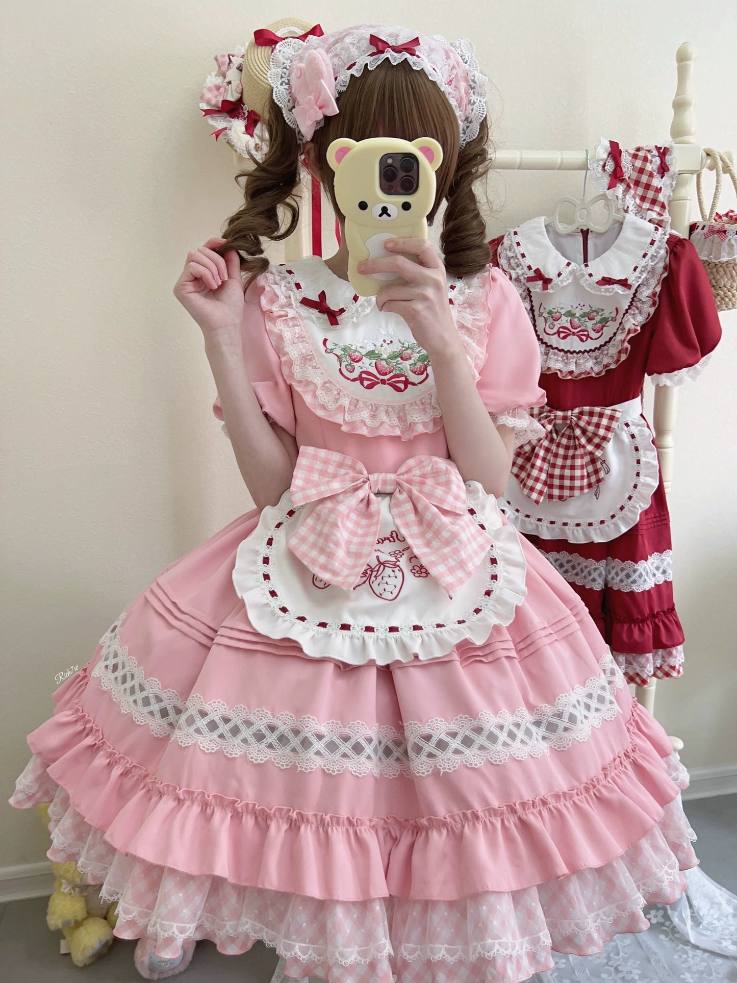 Sugar Girl - Strawberry Tea - Sweet Red Lolita OP Dress Short Sleeve Apron Dress