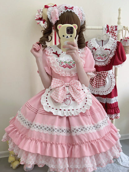 Sugar Girl - Strawberry Tea - Sweet Red Lolita OP Dress Short Sleeve Apron Dress
