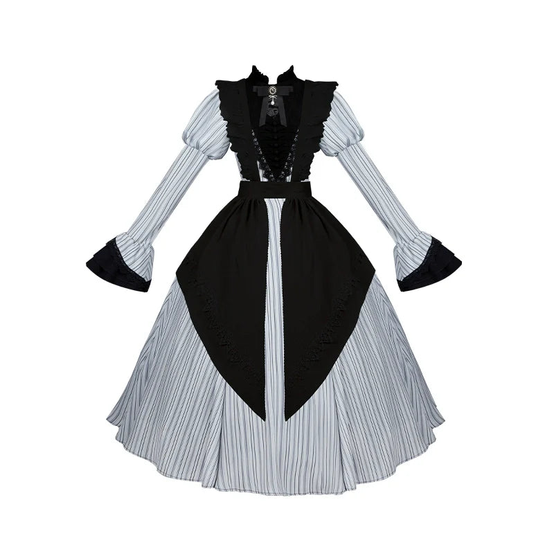 With PUJI - Nocturne SP - Striped Gothic Lolita OP Twin Lolita Dress with Apron