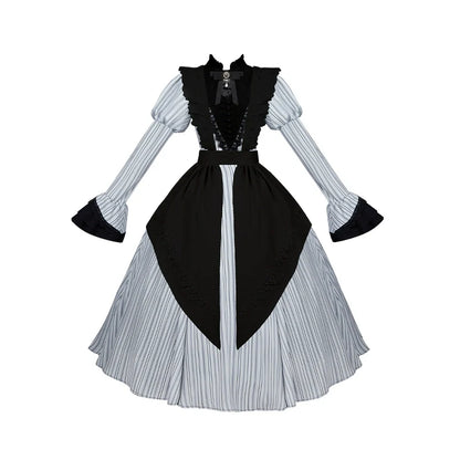 With PUJI - Nocturne SP - Striped Gothic Lolita OP Twin Lolita Dress with Apron