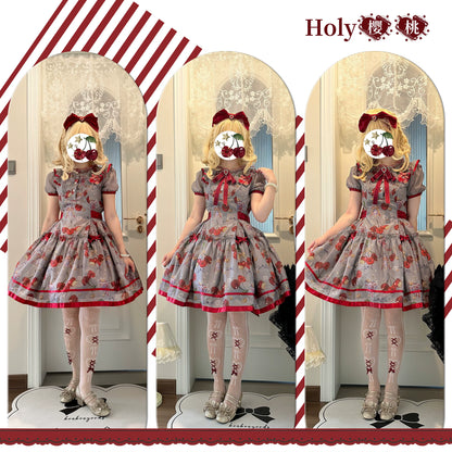 Gloaming - Sweet Lolita Cherry print Short Sleeve OP and SK Set