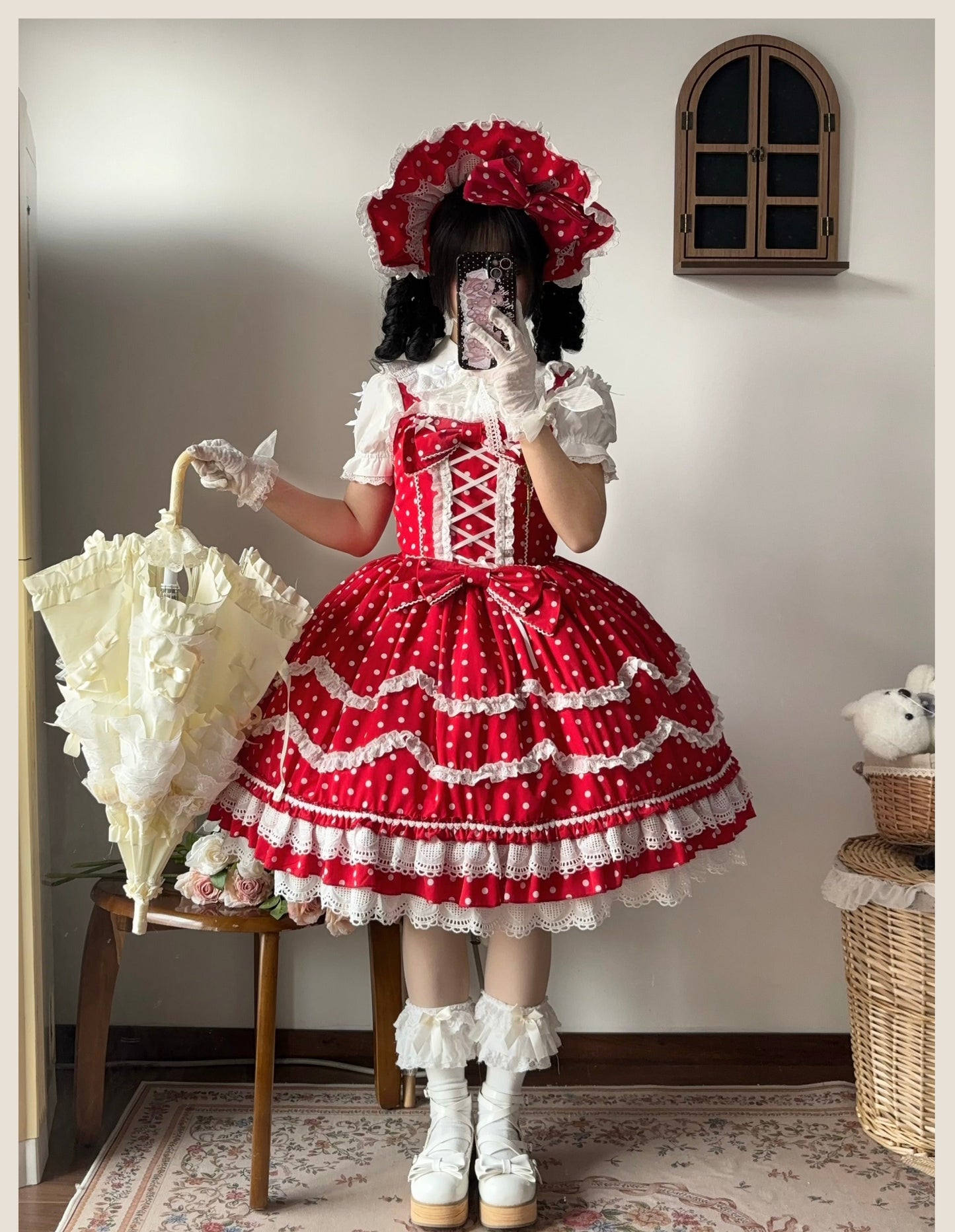 TaTaTa Lolita - Polka Bailys - Old School Lolita JSK Suit Red White Polka Dot Dress
