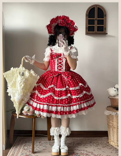 TaTaTa Lolita - Polka Bailys - Old School Lolita JSK Suit Red White Polka Dot Dress