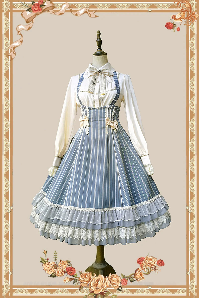 Infanta - Elegant Lolita Stripe High-waist Jumper Dress Set and Cape