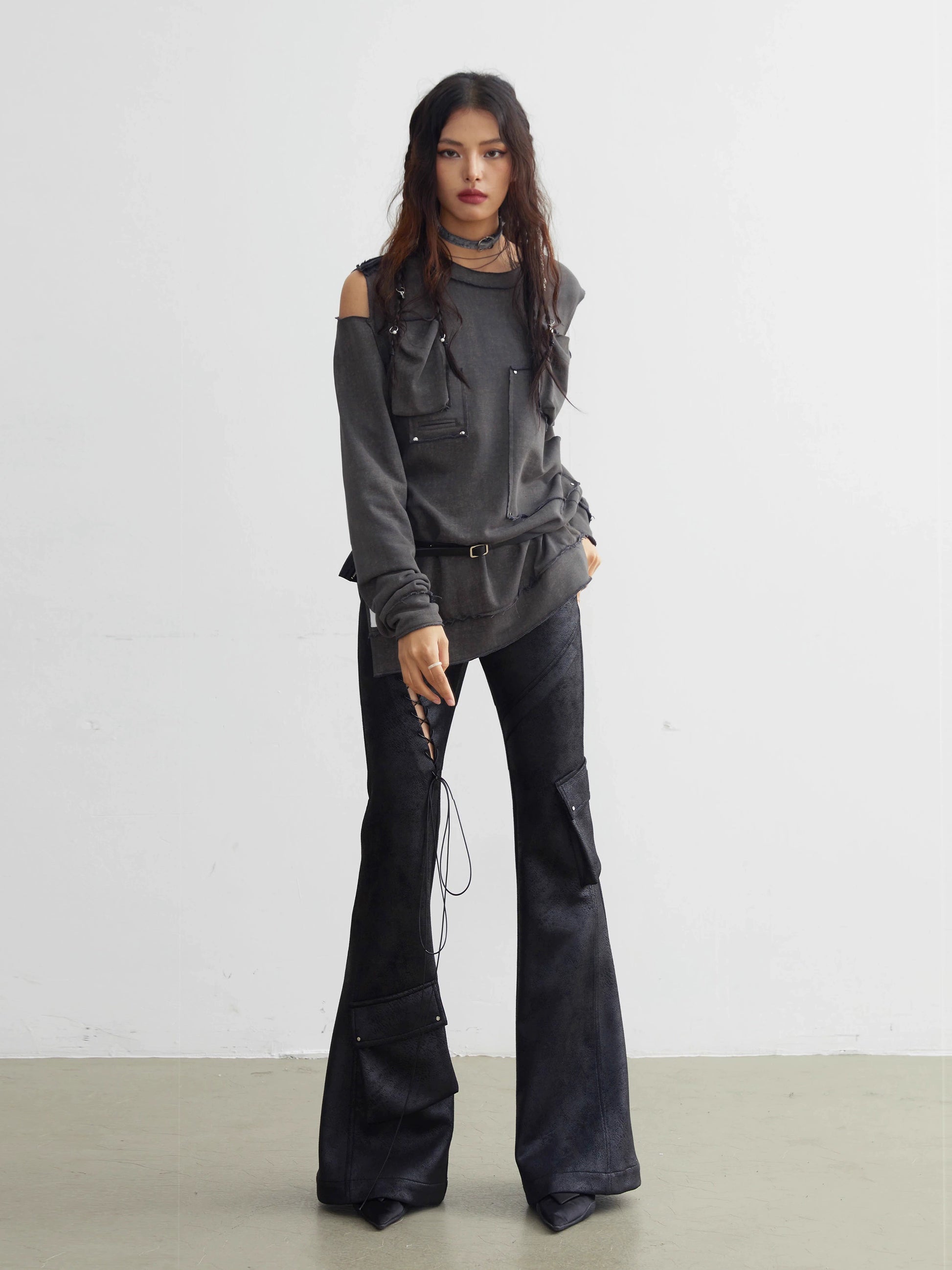 Cut-out Lace-up Pockets Decorated Flare Pants With Skirt