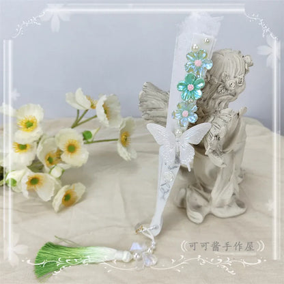 Cocoa Jam - Han Lolita Fan Decorative Folding Fan with Butterfly and Flowers Tassel