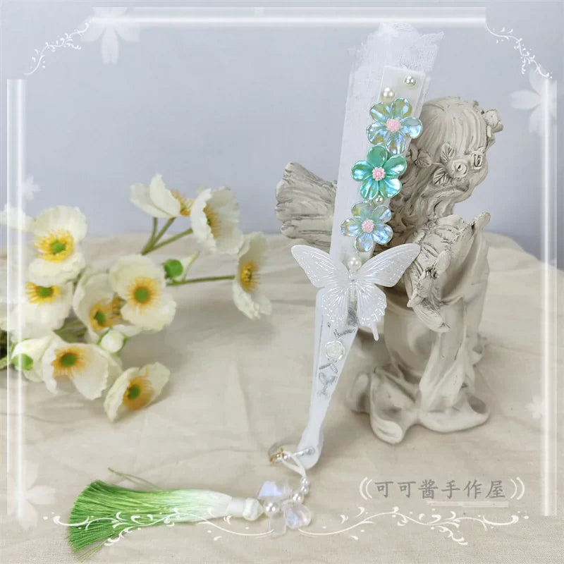 Cocoa Jam - Han Lolita Fan Decorative Folding Fan with Butterfly and Flowers Tassel