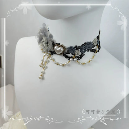 Cocoa Jam - Elegant Lolita Necklace Rose Gemstones and Pearl Necklace