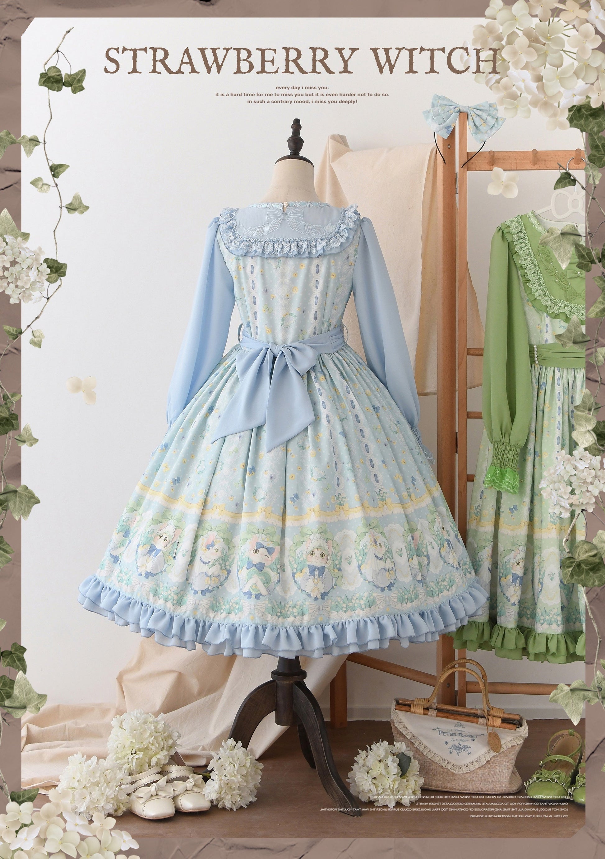 Strawberry Witch - Lily of the Valley Kitten - Country Lolita OP with Embroidery and Cat Print