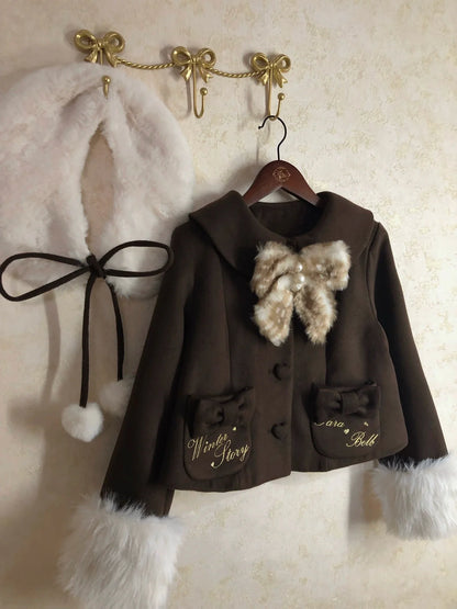 Sara Bell - Winter Story - Winter Kawaii Lolita Short Coat, Detachable Fur Collar
