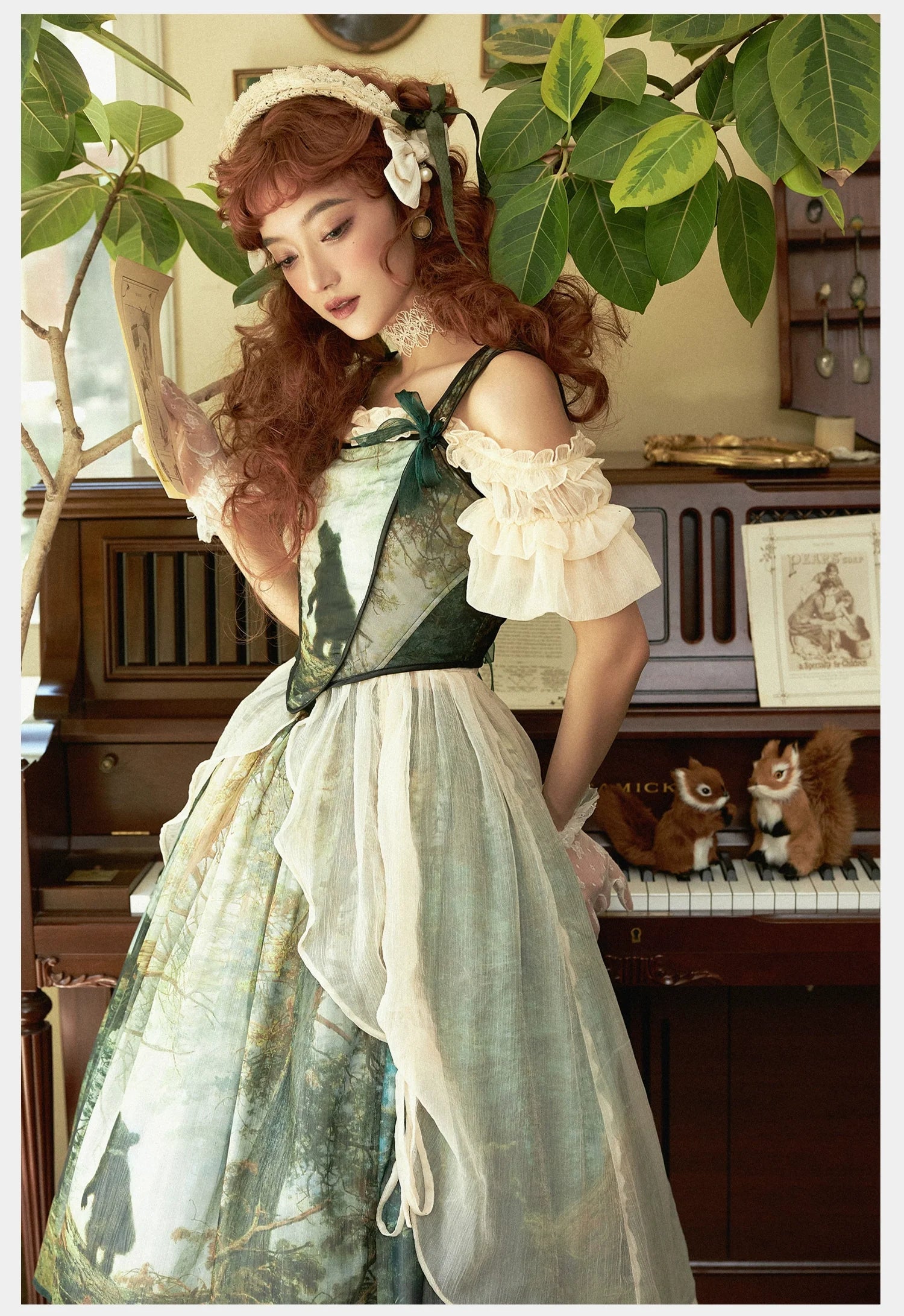 Cyan - Morning of Pine Forest - Elegant Lolita Bear Print Skirt