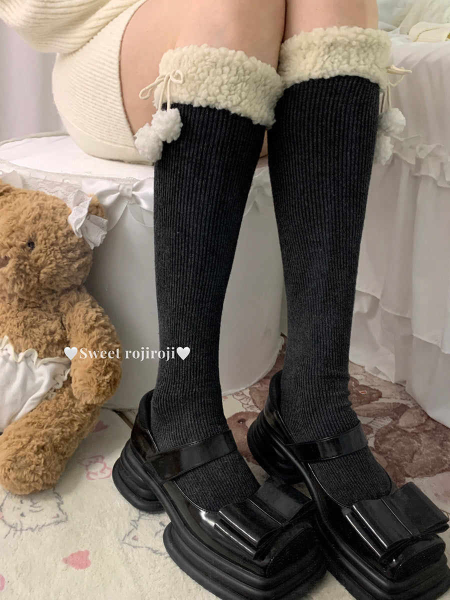 Roji Roji - Winter Fuzzy Ball Lolita Socks Over Knee Thick Socks