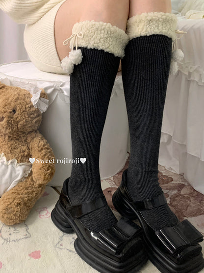 Roji Roji - Winter Fuzzy Ball Lolita Socks Over Knee Thick Socks