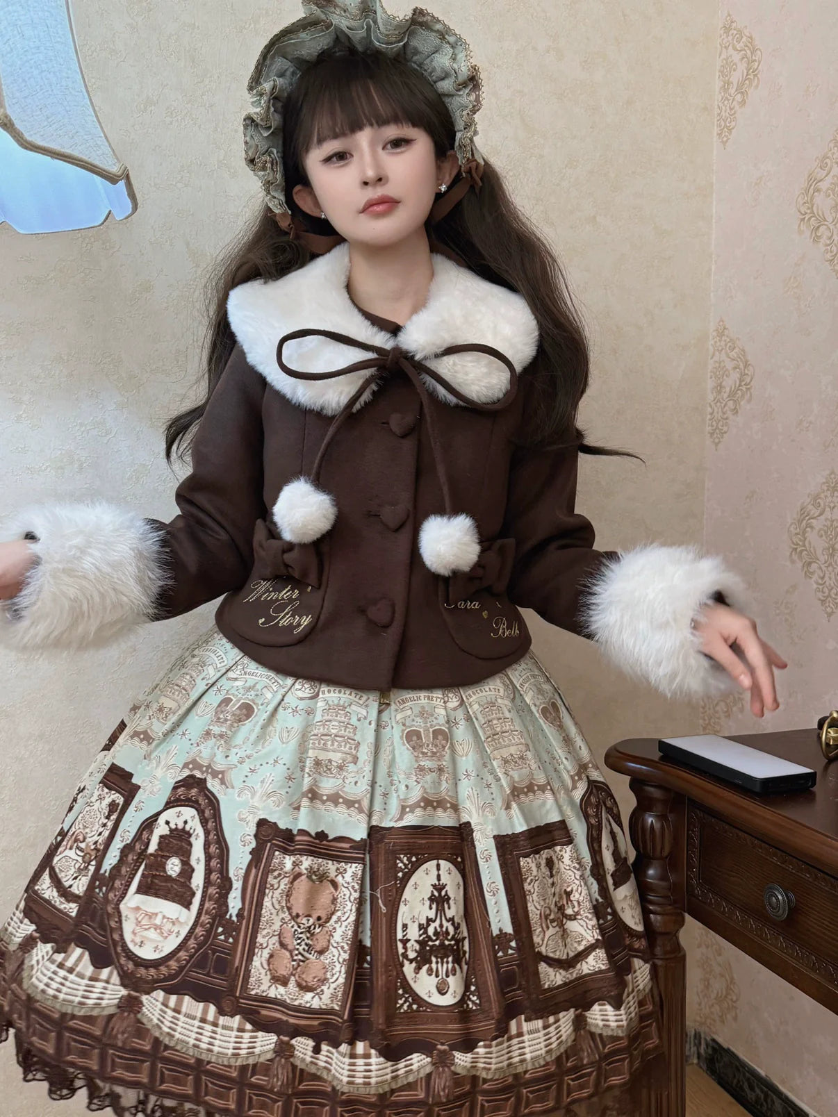 Sara Bell - Winter Story - Winter Kawaii Lolita Short Coat, Detachable Fur Collar