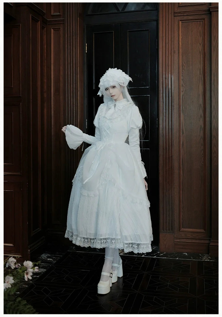 With PUJI - Fallen Heaven - White Gothic Lolita OP Set, Double Layered Skirt