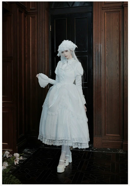 With PUJI - Fallen Heaven - White Gothic Lolita OP Set, Double Layered Skirt