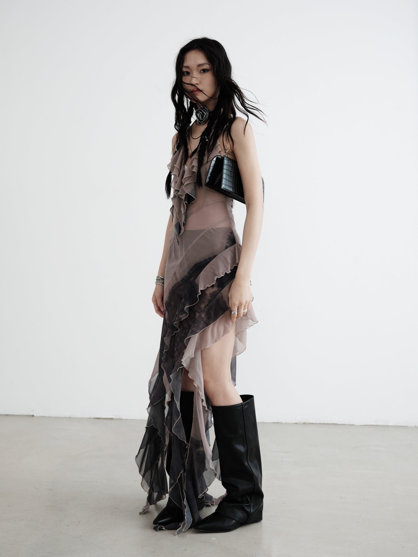 Dirty Smudge Print Irregular Chiffon Suspender Skirt