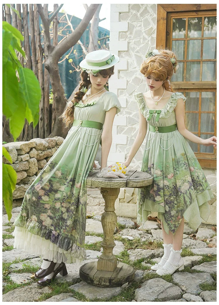With PUJI - Blooming Rose - Chiffon Classic Lolita Dress Set Painting Styled OP & JSK