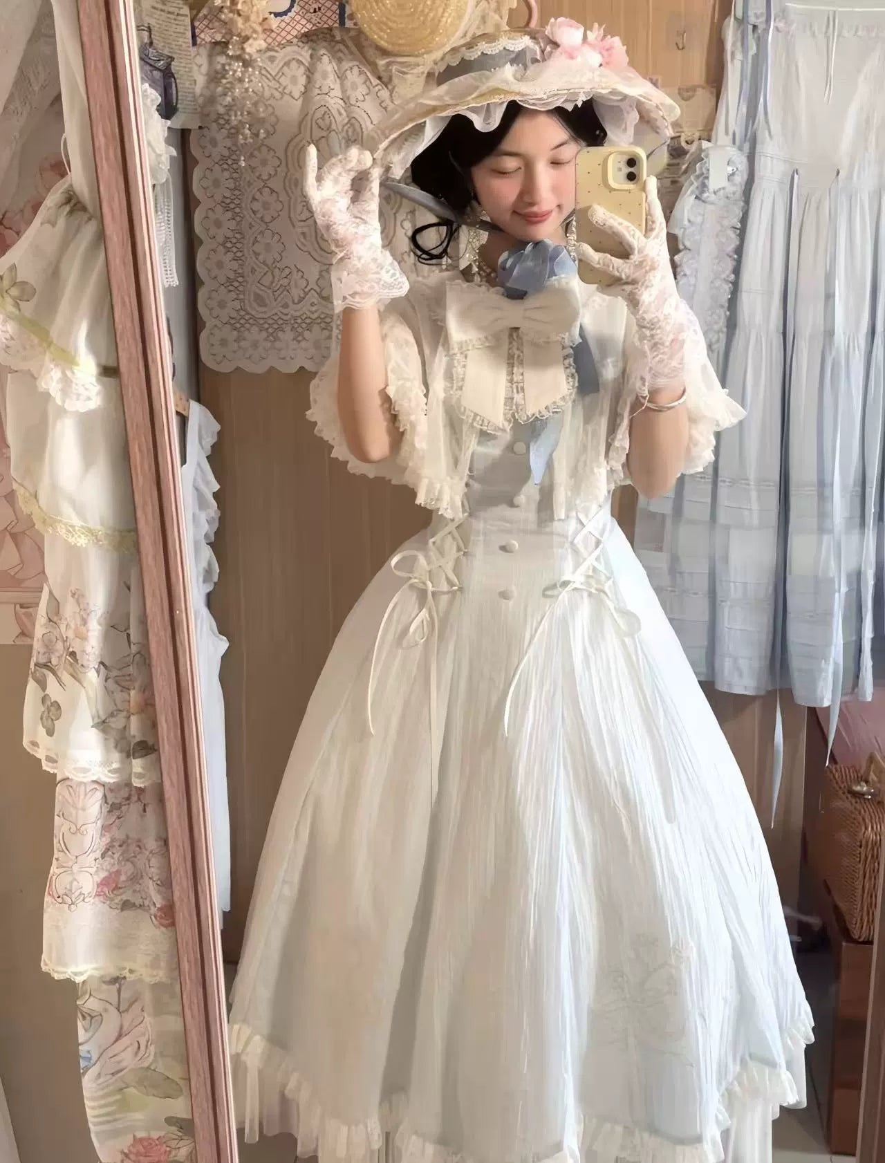 Kuma - Little Wind Chime - Elegant Lolita OP Water Blue Dress With Decorative Tulle Cape