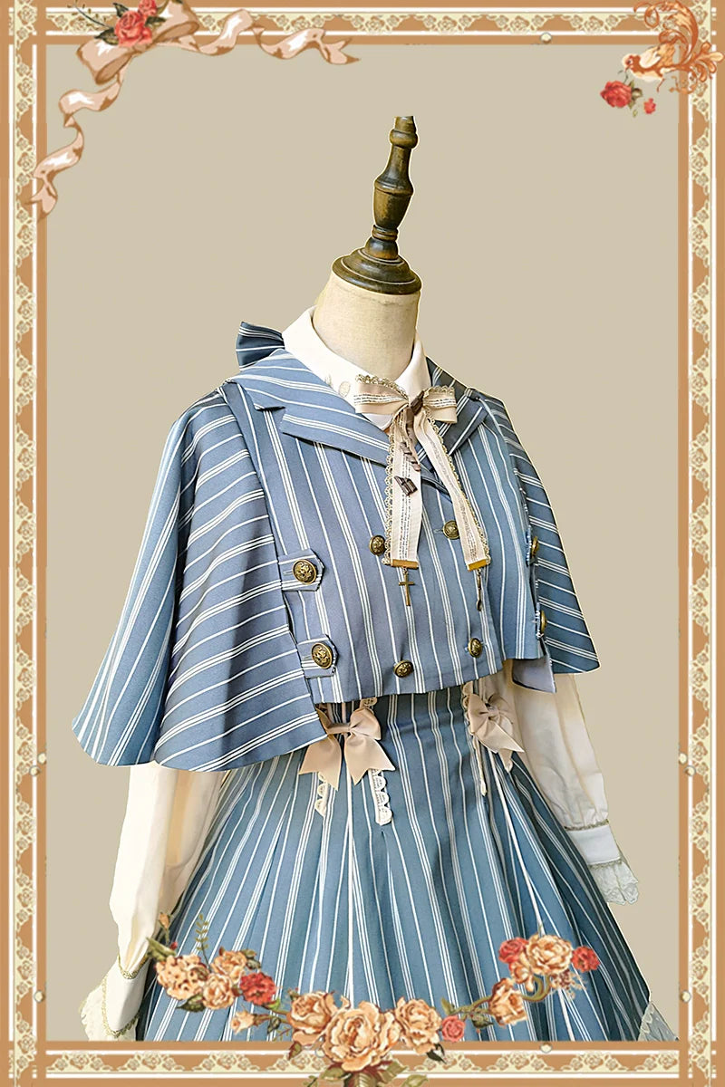 Infanta - Elegant Lolita Stripe High-waist Jumper Dress Set and Cape