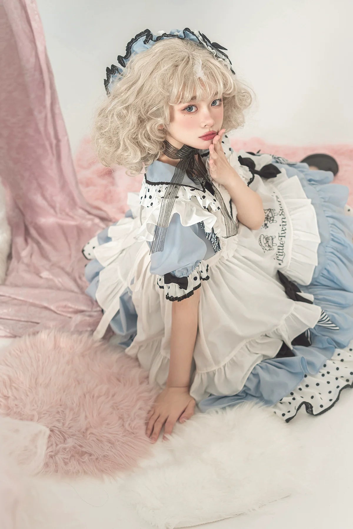 Vcastle - Sweet Lolita OP Dress Splicing Sleeve Apron Dot Print Dress