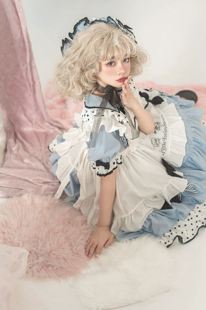 Vcastle - Sweet Lolita OP Dress Splicing Sleeve Apron Dot Print Dress