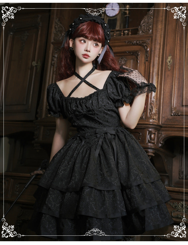 Eieyomi - Thorn Rose - Gothic Lolita Three-layer Ruffle Black OP