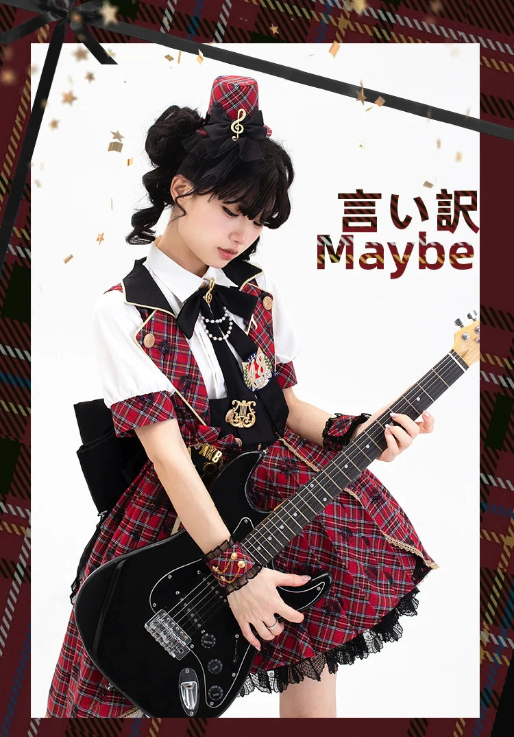 Forest Fluorescent Carps - IP Collab Sweet Lolita Performance Outfit Red Plaid JSK Full Set