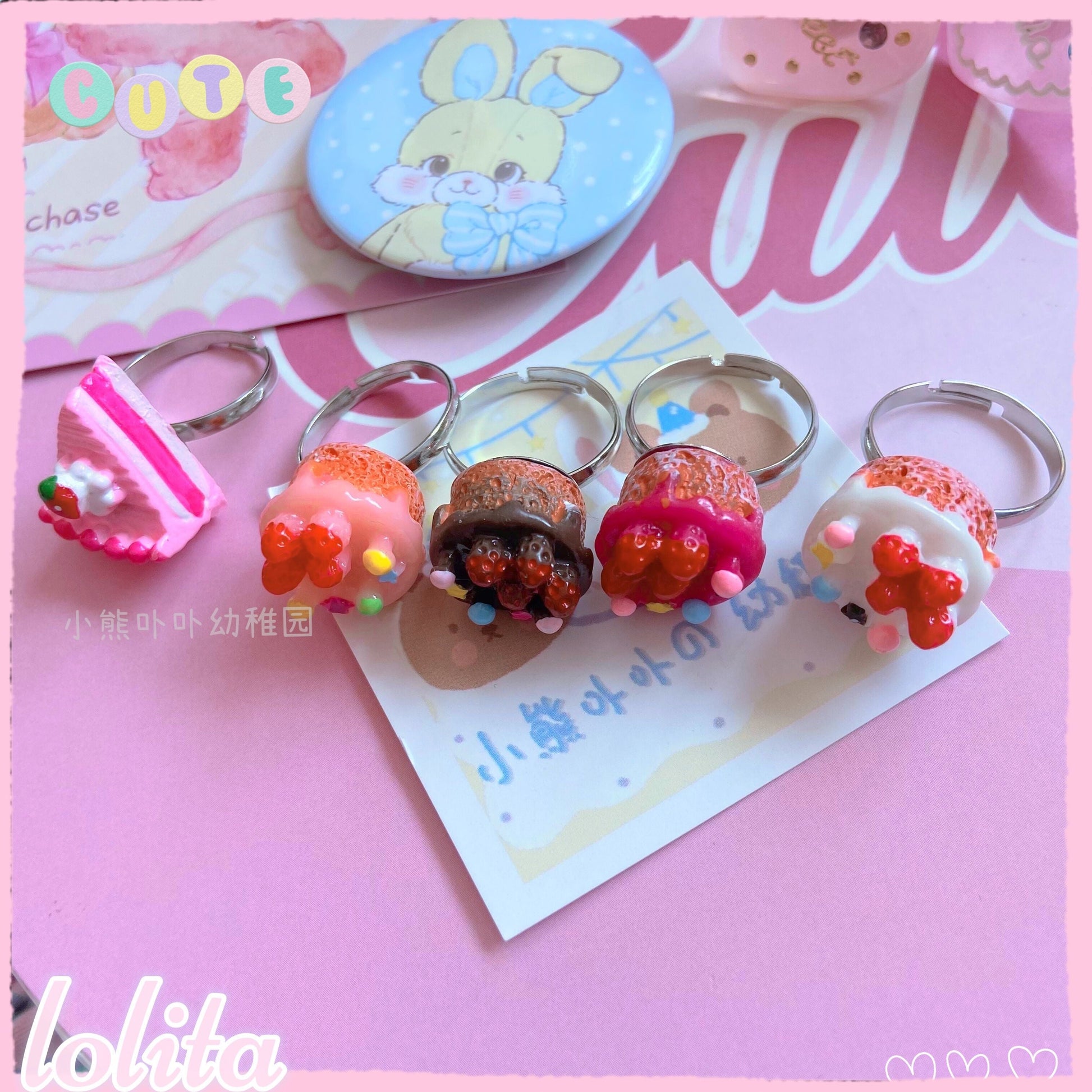 Kawaii Cake Heart Star Strawberry Lolita Rings