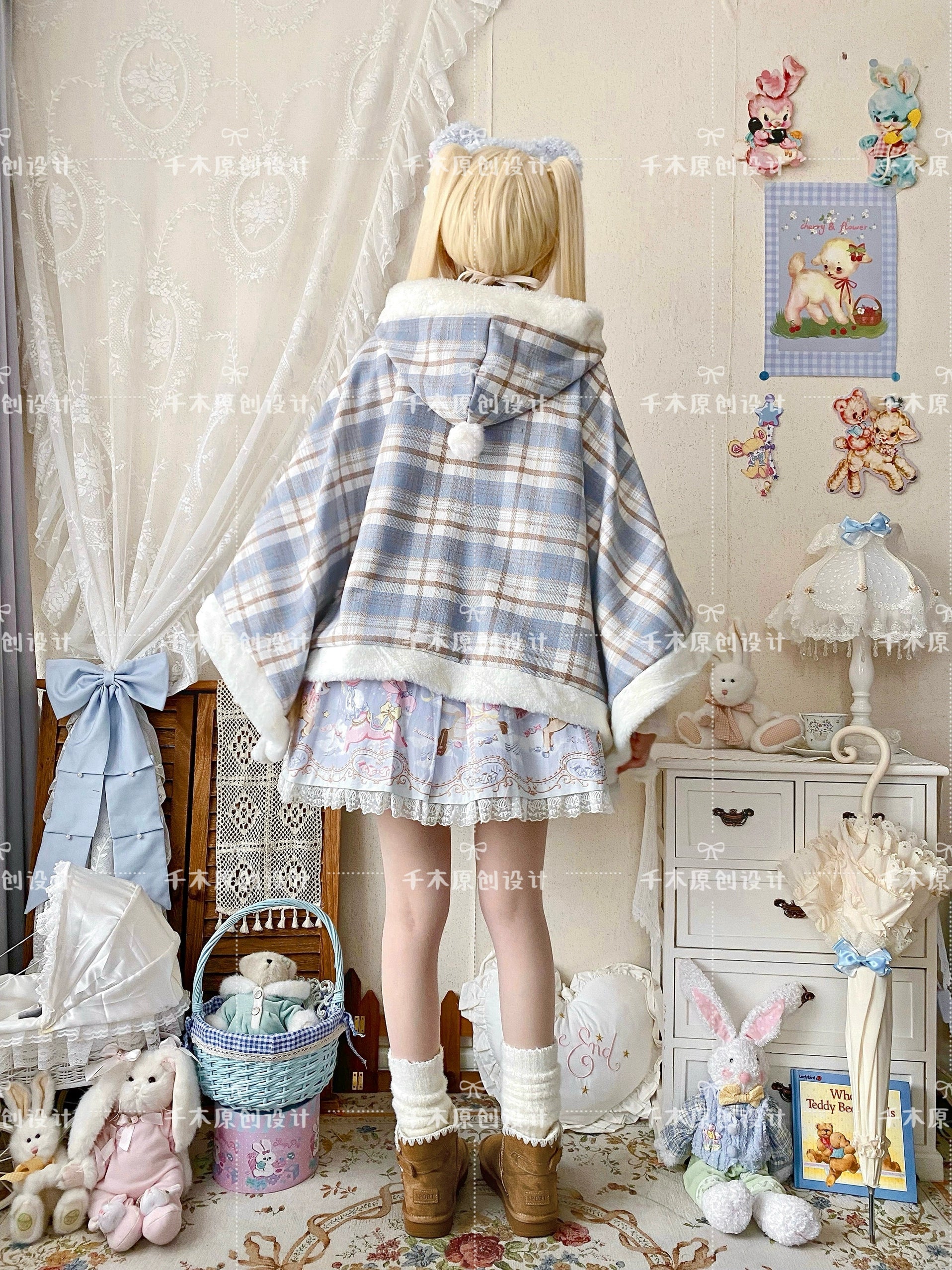 Qianmu - Waffle - Kawaii Lolita Cape Daily Lolita Plaid Hoodie Cloak