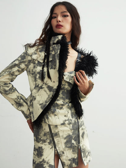 Fur Collar Tie-dye Printed Short Coat